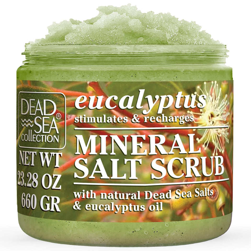 Dead Sea Collection Eucalyptus Salt Scrub jar close-up highlighting mineral exfoliation.
