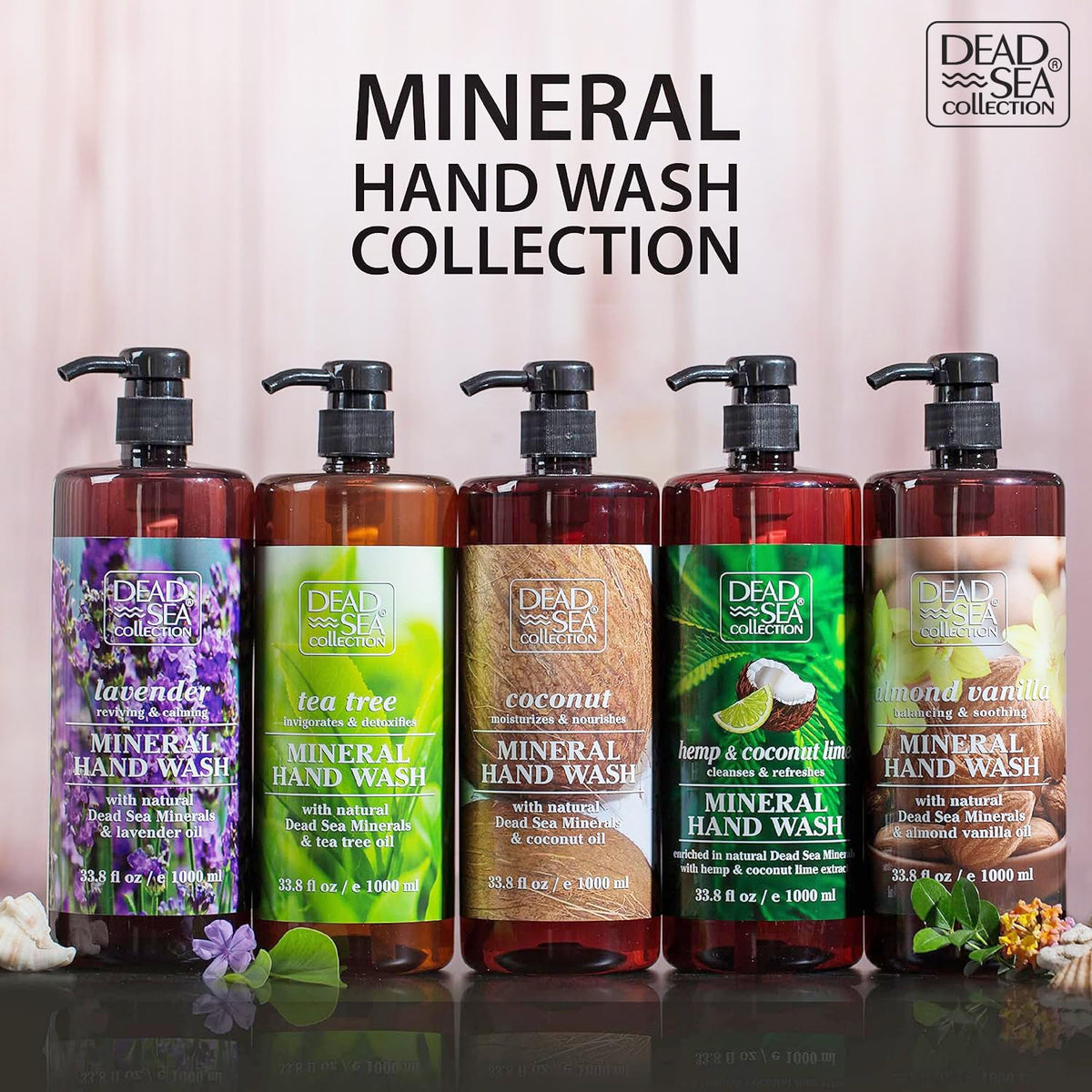 Side view of Dead Sea Collection almond vanilla bottle showing compact design