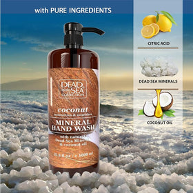 Dead Sea Collection coconut bottle closeup showing clear soap and mineral-rich formula.