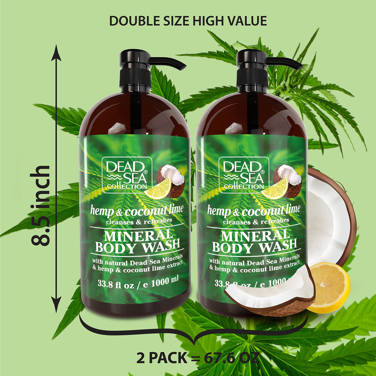 Dead Sea Collection hemp coconut lime body wash pump closeup showing dispensing