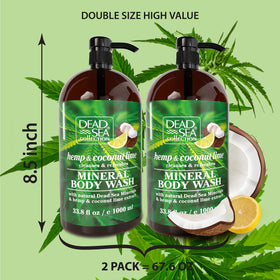 Dead Sea Collection hemp coconut lime body wash pump closeup showing dispensing
