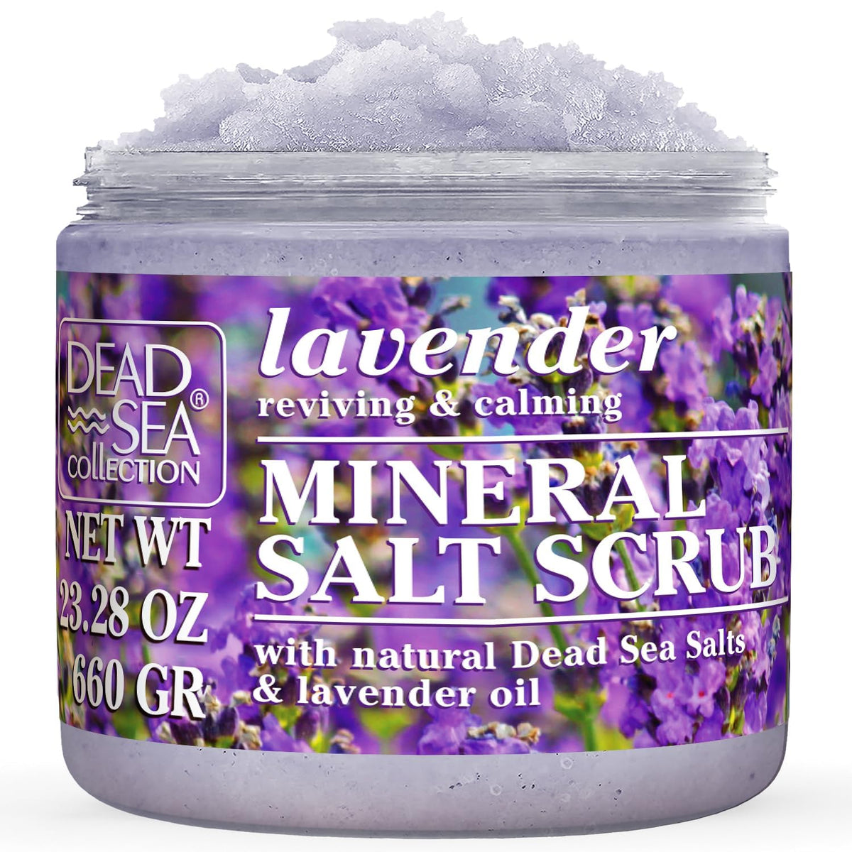 Dead Sea Collection Lavender Salt Scrub bottle showing exfoliating action and minerals