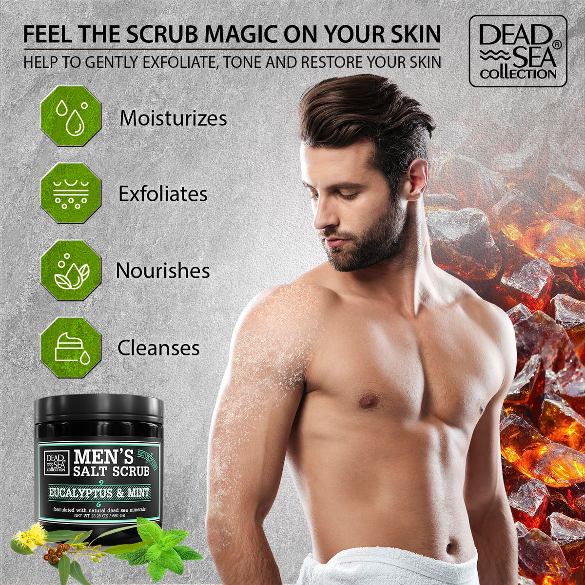 Dead Sea Collection eucalyptus mint texture close-up showing fine exfoliating grains for smoother skin.