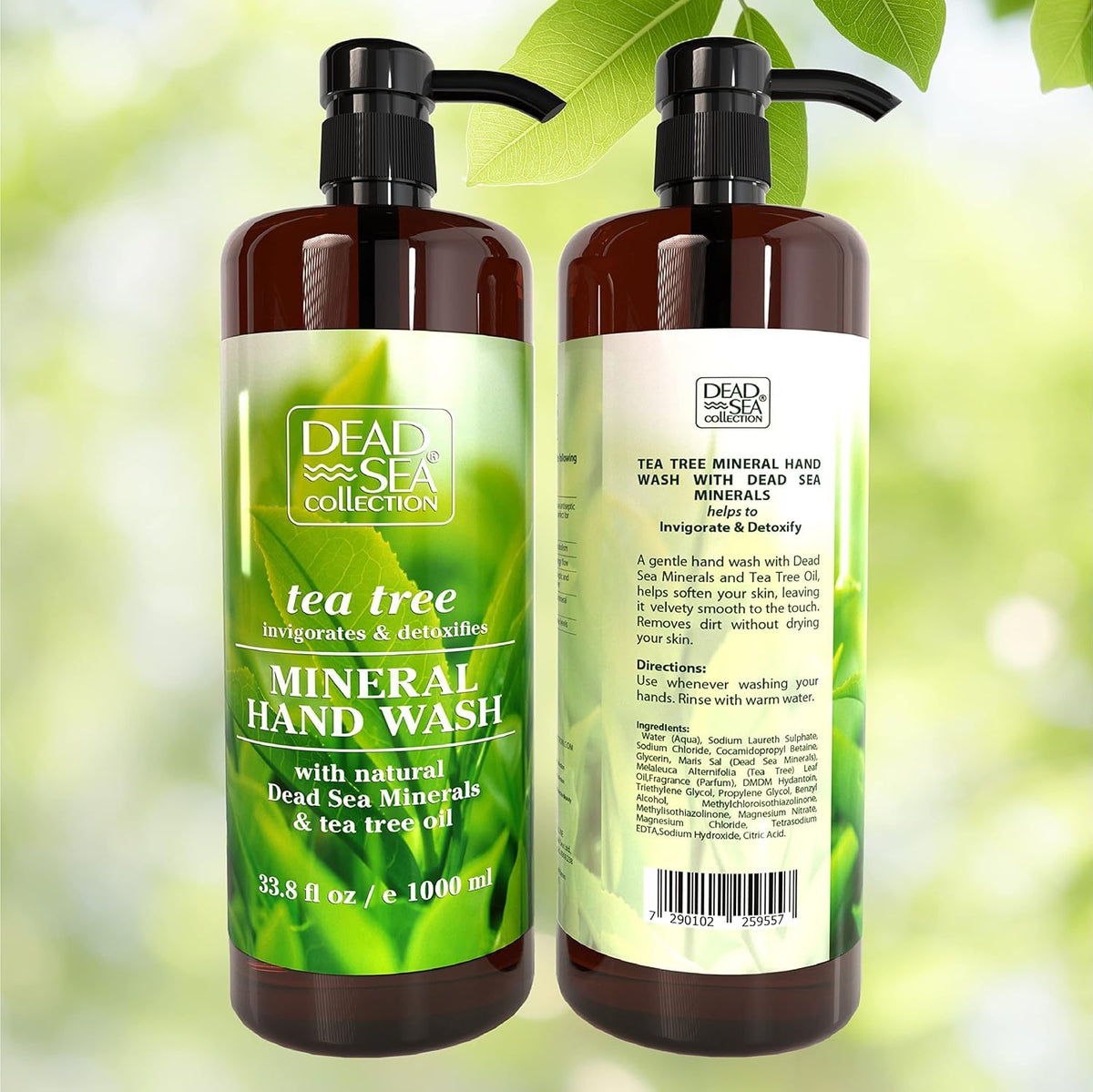 Side view of Dead Sea Collection Tea Tree hand soap bottle highlighting sturdy design