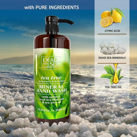 Closeup of Dead Sea Collection Tea Tree hand soap label showing minerals