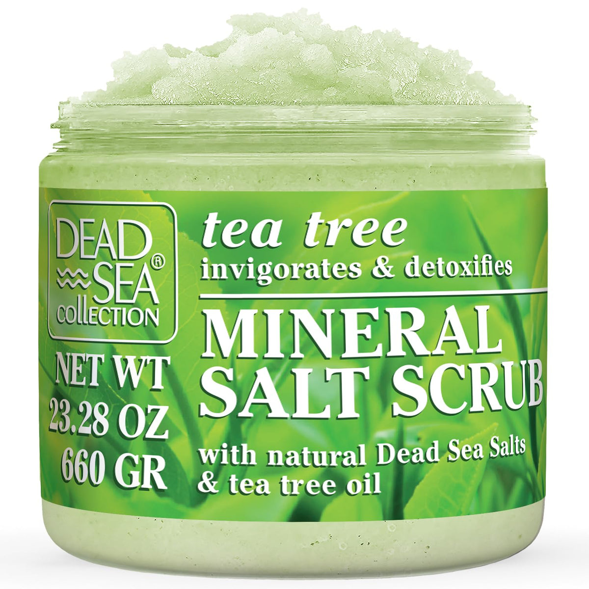 Dead Sea Collection Tea Tree Salt Scrub bottle close-up highlighting mineral-rich formula for smoother skin