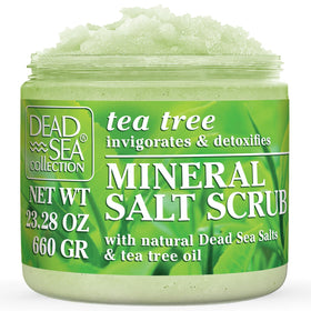 Dead Sea Collection Tea Tree Salt Scrub bottle close-up highlighting mineral-rich formula for smoother skin