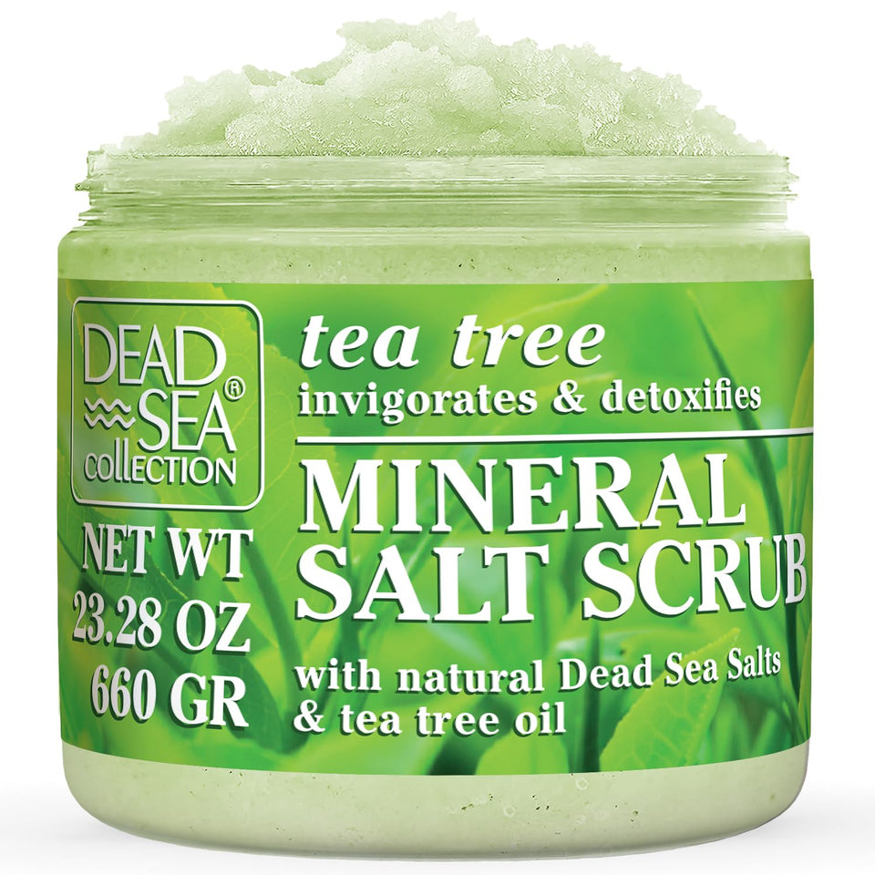 Dead Sea Collection Tea Tree Salt Scrub bottle close-up highlighting mineral-rich formula for smoother skin