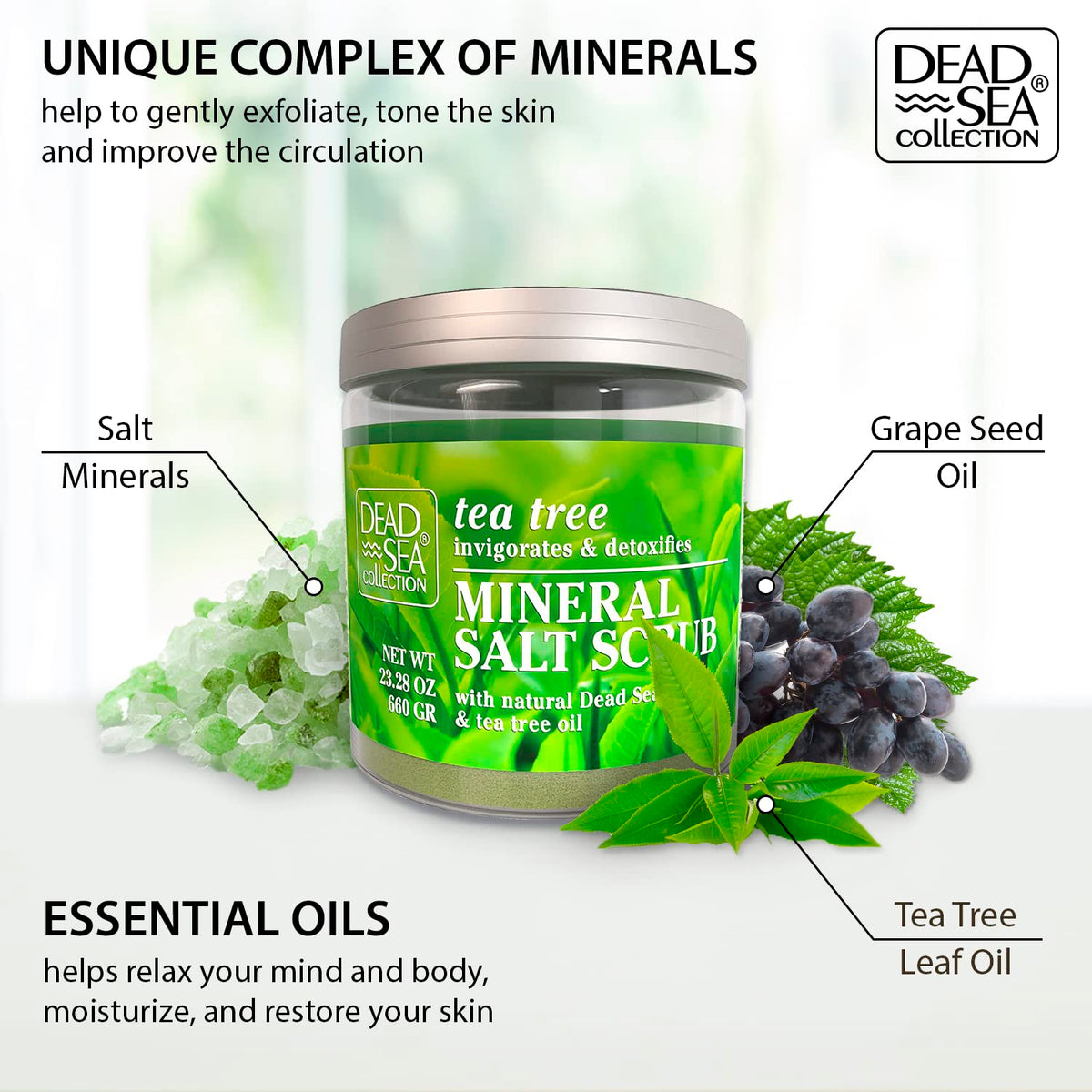 Dead Sea Collection Tea Tree Salt Scrub jar shows nourishing oils and minerals for skin comfort