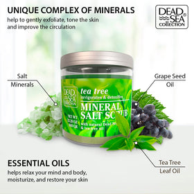 Dead Sea Collection Tea Tree Salt Scrub jar shows nourishing oils and minerals for skin comfort