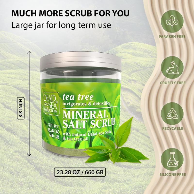 Dead Sea Collection Tea Tree Salt Scrub packaging on shelf emphasizes eco-friendly design