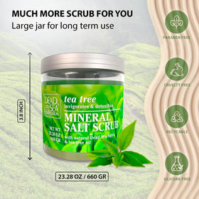 Dead Sea Collection Tea Tree Salt Scrub packaging on shelf emphasizes eco-friendly design