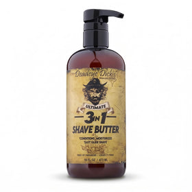Deadeye Dick's 3-in-1 shave butter bottle showing premium shave cream for face, head, and body
