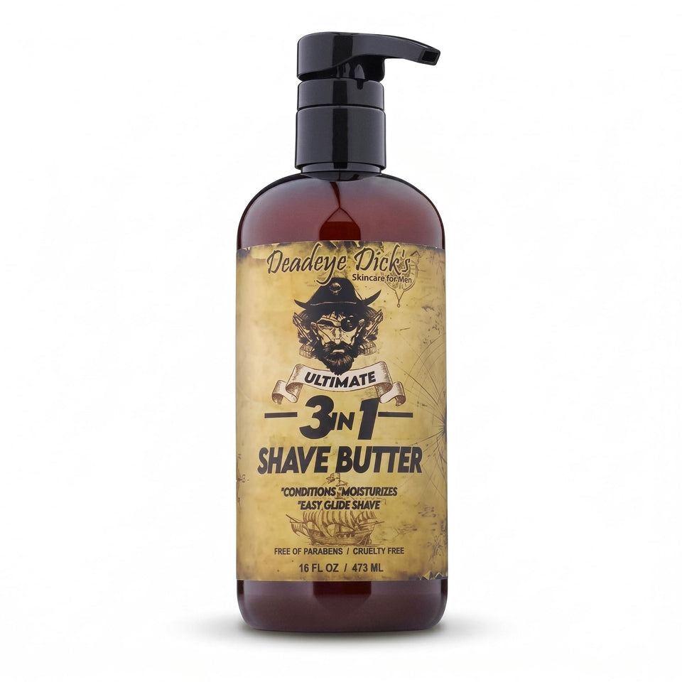Deadeye Dick's 3-in-1 shave butter bottle showing premium shave cream for face, head, and body