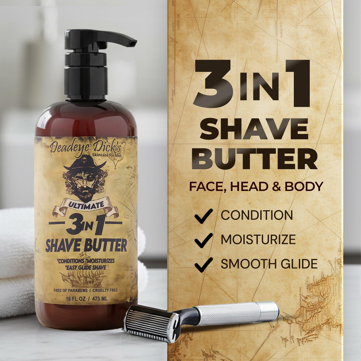 Close-up of Deadeye Dick's shave butter ingredients, tea tree oil and shea butter