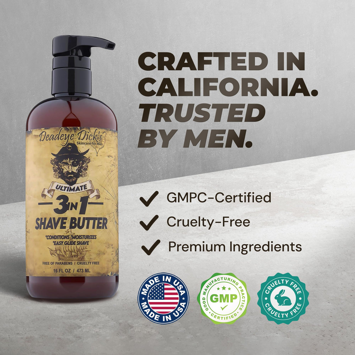 USA-made label on Deadeye Dick's 3-in-1 shave butter highlights quality craftsmanship
