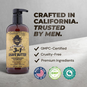 USA-made label on Deadeye Dick's 3-in-1 shave butter highlights quality craftsmanship
