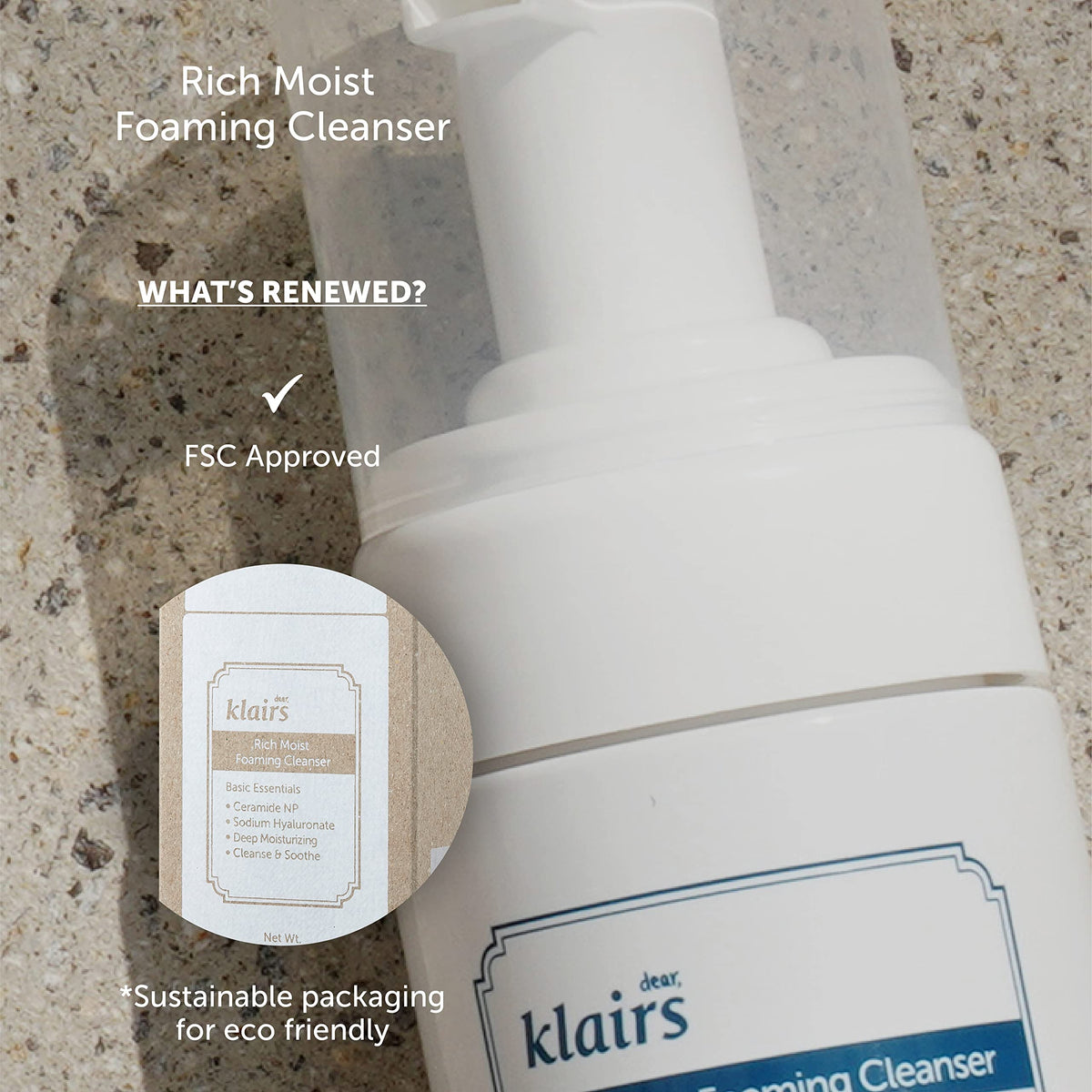 Cruelty-free and vegan icons on DearKlairs Rich Moist Foaming Cleanser packaging