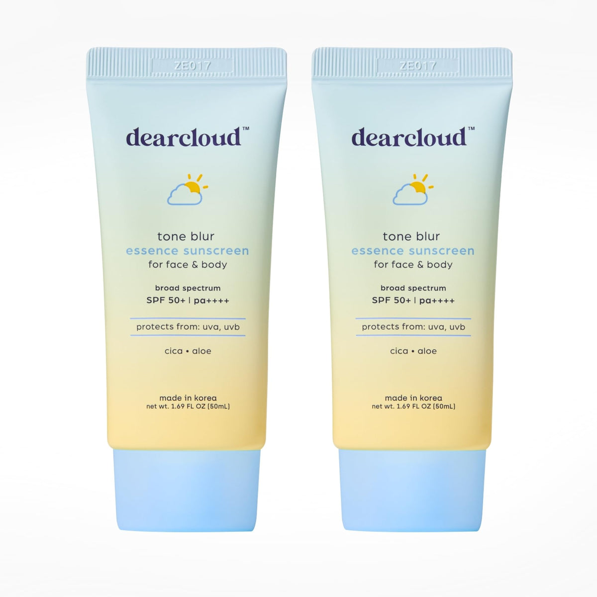 Dearcloud Tone Blur Essence Sunscreen bottle with color-adapting SPF 50 for natural protection.