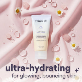 Dearcloud Vita-C Aqua ingredients closeup emphasizes Vitamin C, Hyaluronic Acid, and Squalane.