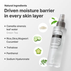 DearKlairs green tea-based blend with mugwort and cucumber soothes and hydrates