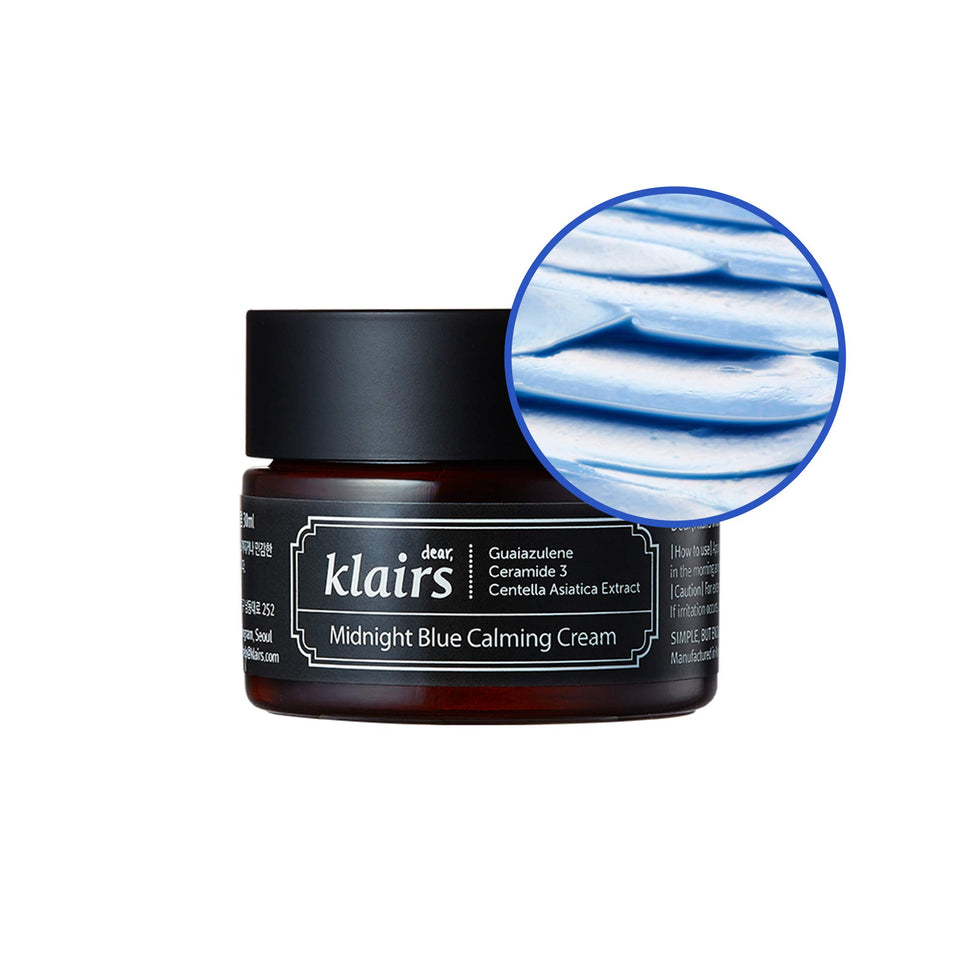 DearKlairs Midnight Blue Calming Cream jar shows the calming blue formula for hydrated skin.