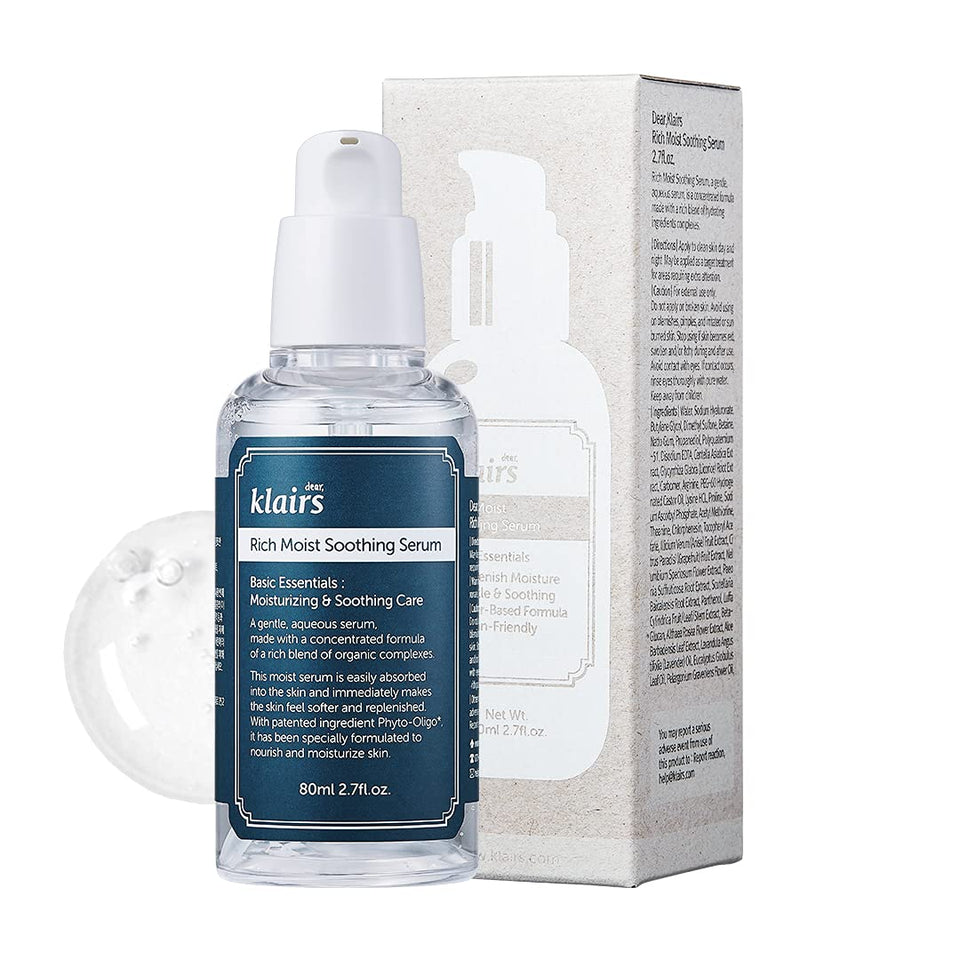 DearKlairs Rich Moist Serum bottle showing quick absorption for refreshed skin