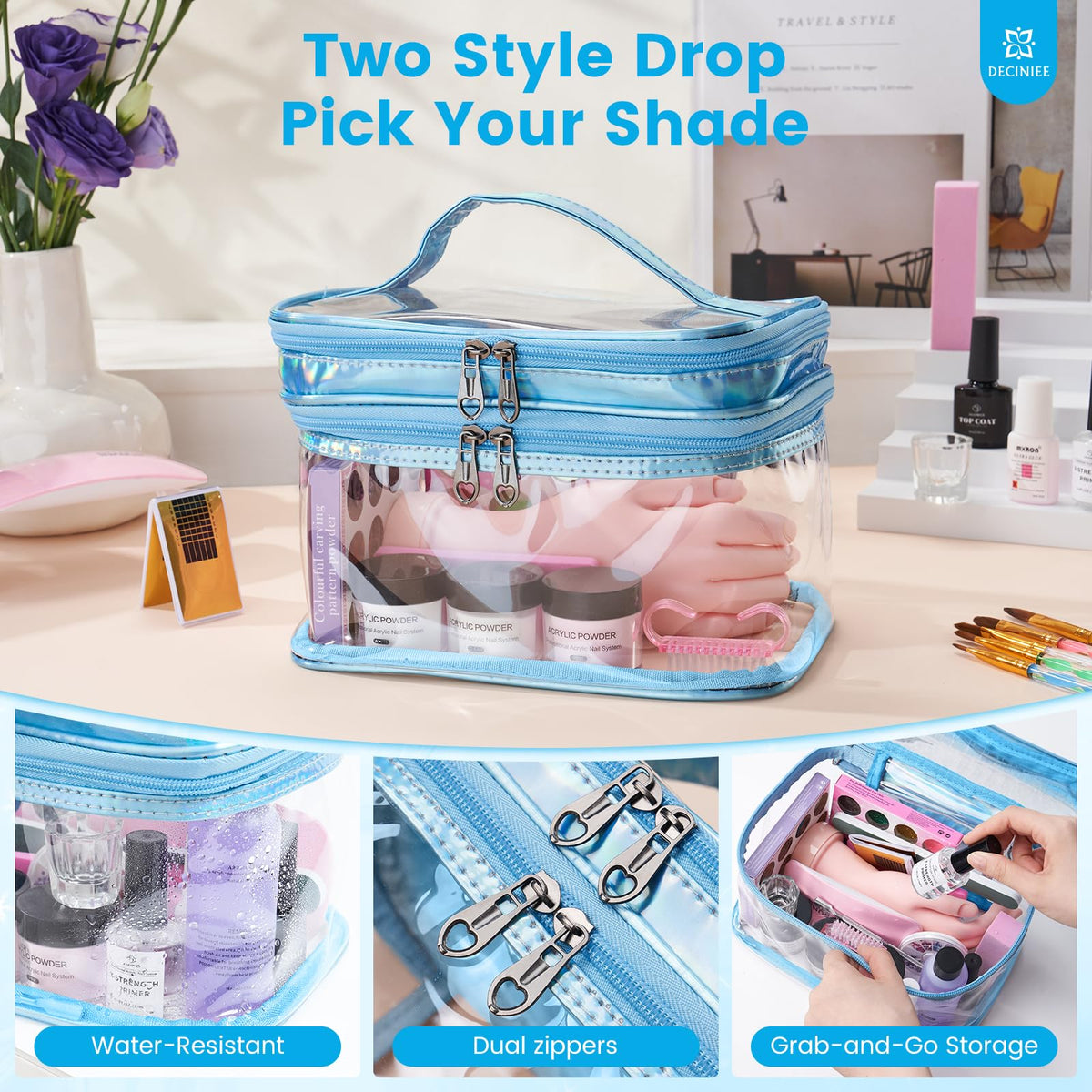Deciniee cosmetic bag double layer keeping powders and tools organized