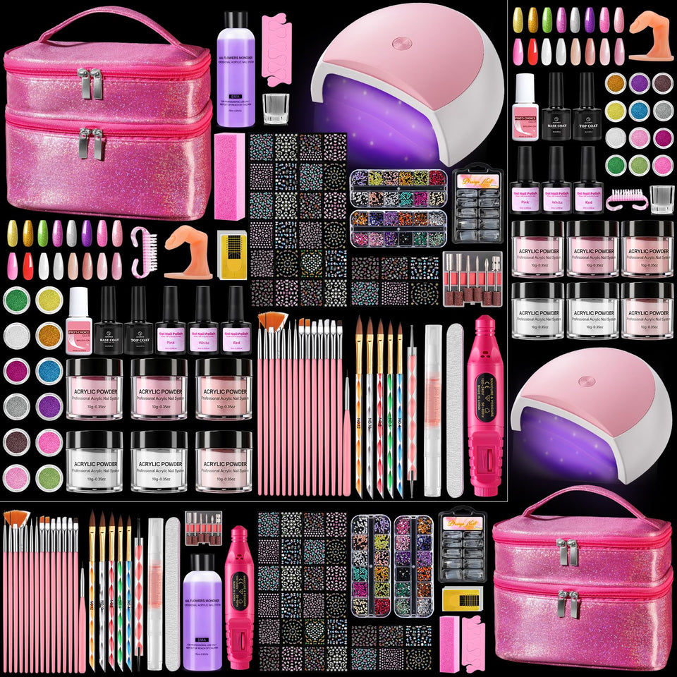 Deciniee nail kit organized in double-layer pink bag for easy at-home manicures.