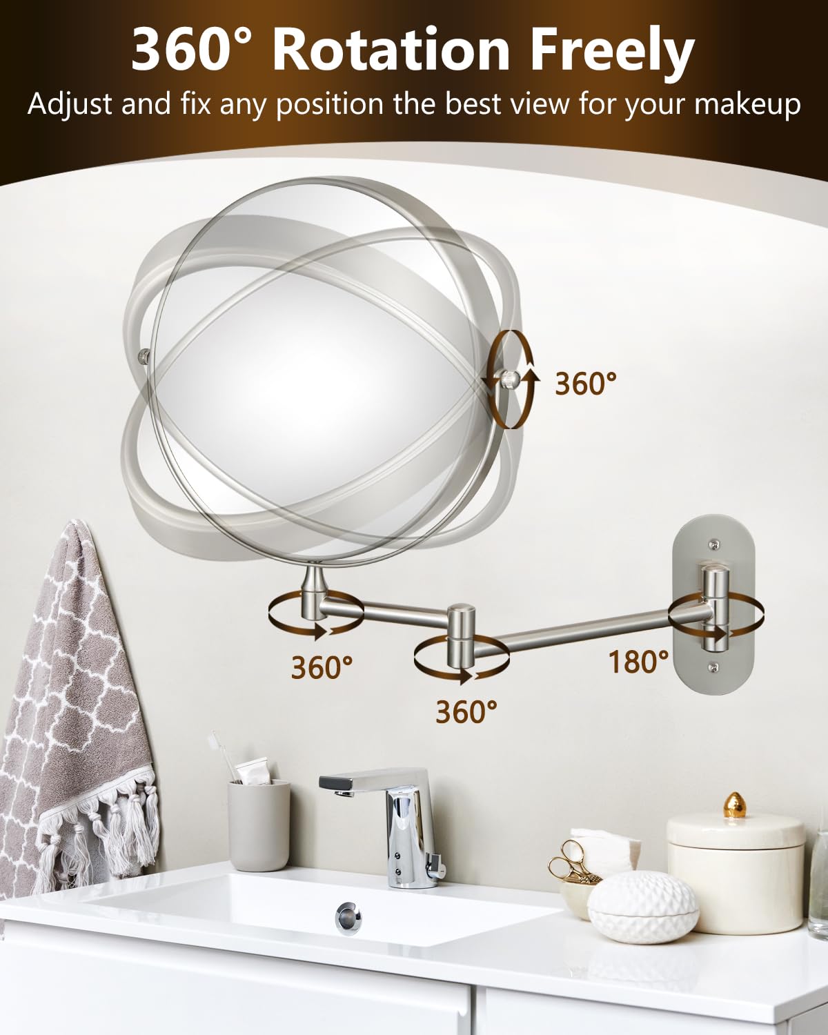 DECLUTTR mirror features 360-degree swivel for flexible lighting angles.