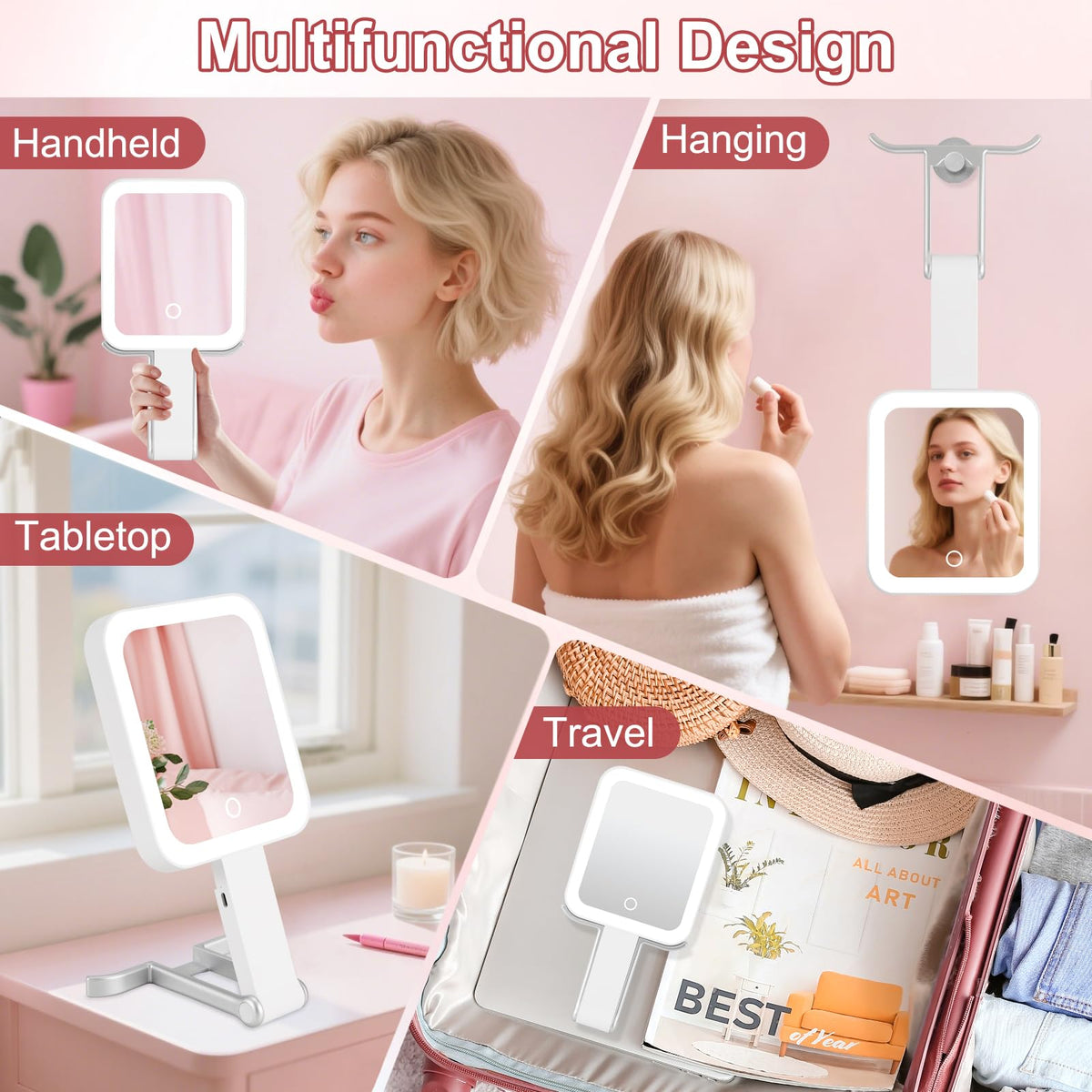 DECLUTTR travel makeup mirror rechargeable-battery Type-C power for cordless use