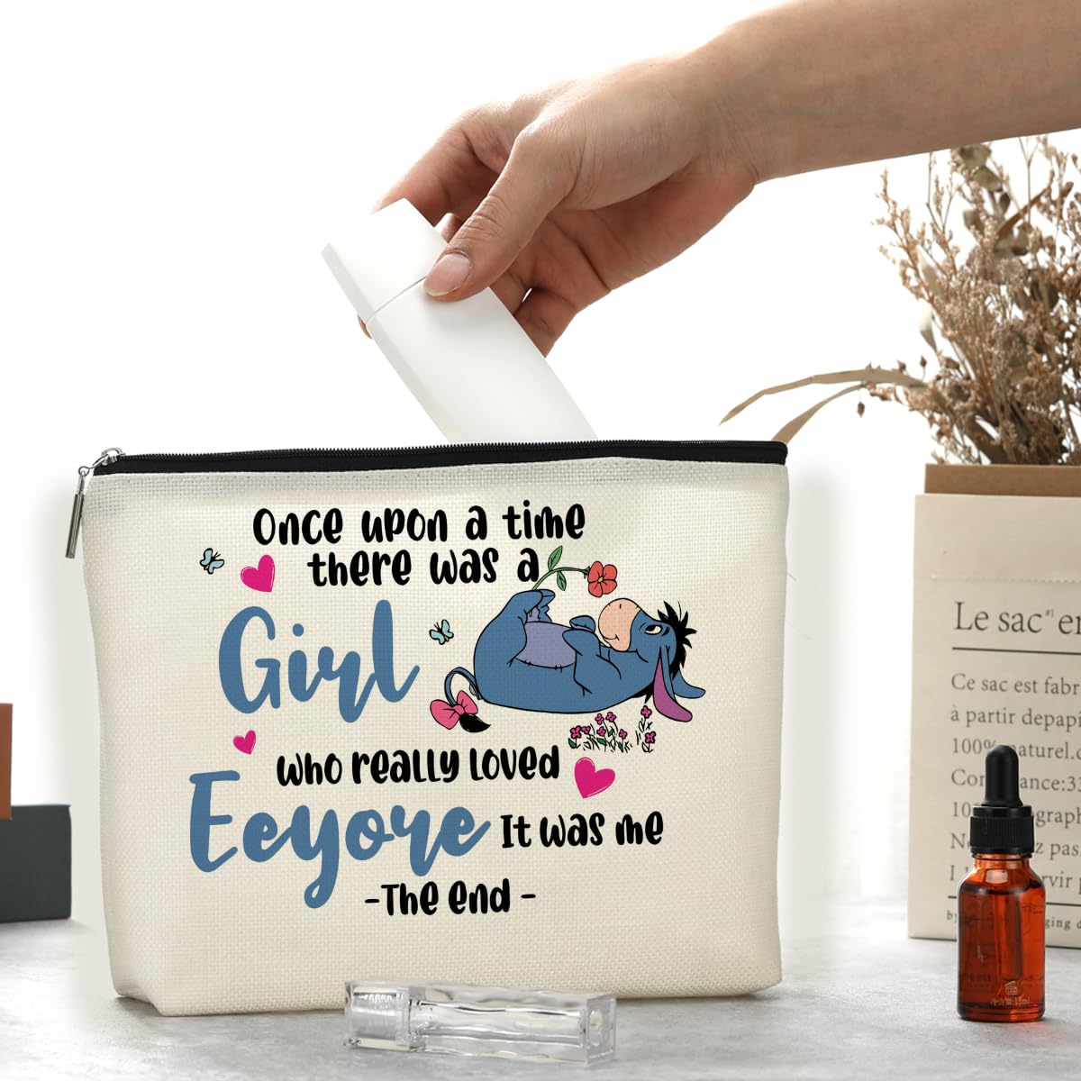 Decohim cartoon donkey travel bag interior lining protects beauty essentials.