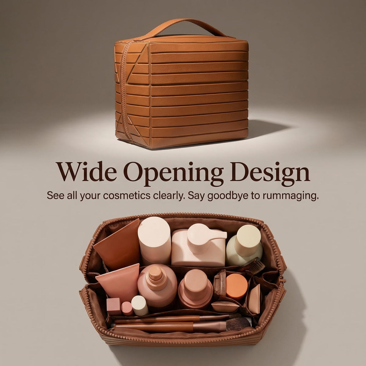 Decumeby travel makeup bag features waterproof PU leather for easy wipe-clean portability.