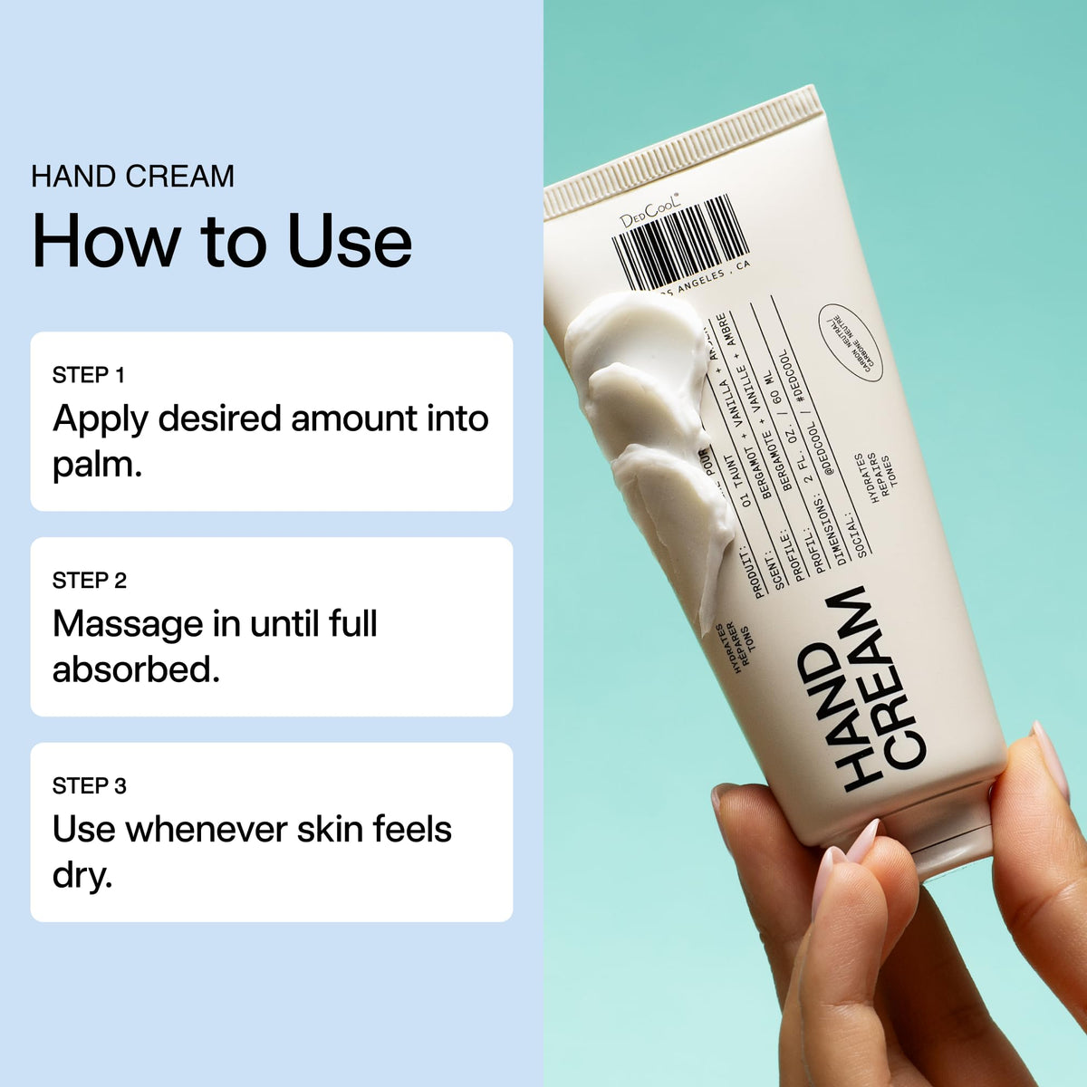 DedCool Hand Cream on the hand highlights fast absorption and satin-soft skin