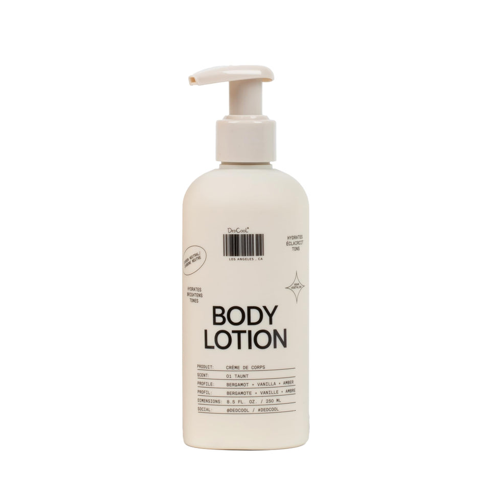 DedCool 01 Taunt body lotion bottle close-up for lightweight hydration and scent layering.