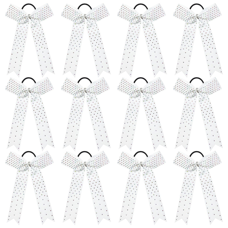 DEEKA 12-piece white rhinestone cheer bow set for girls