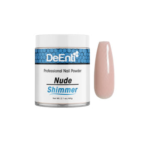 DeEnti acrylic nail shimmer powder 2oz bottle showing crystal-clear nude finish for overlays.