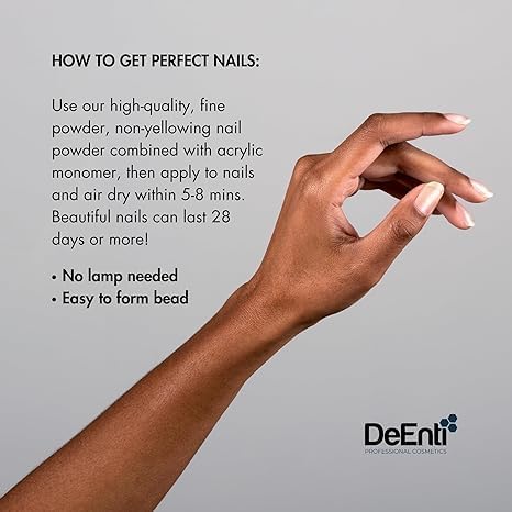 DeEnti shimmer powder swatch demonstrates bubble-free application and smooth, even coverage on nails.