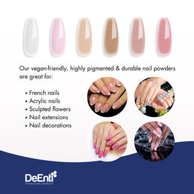 Crystal-clear finish from DeEnti powder for natural-looking nails.