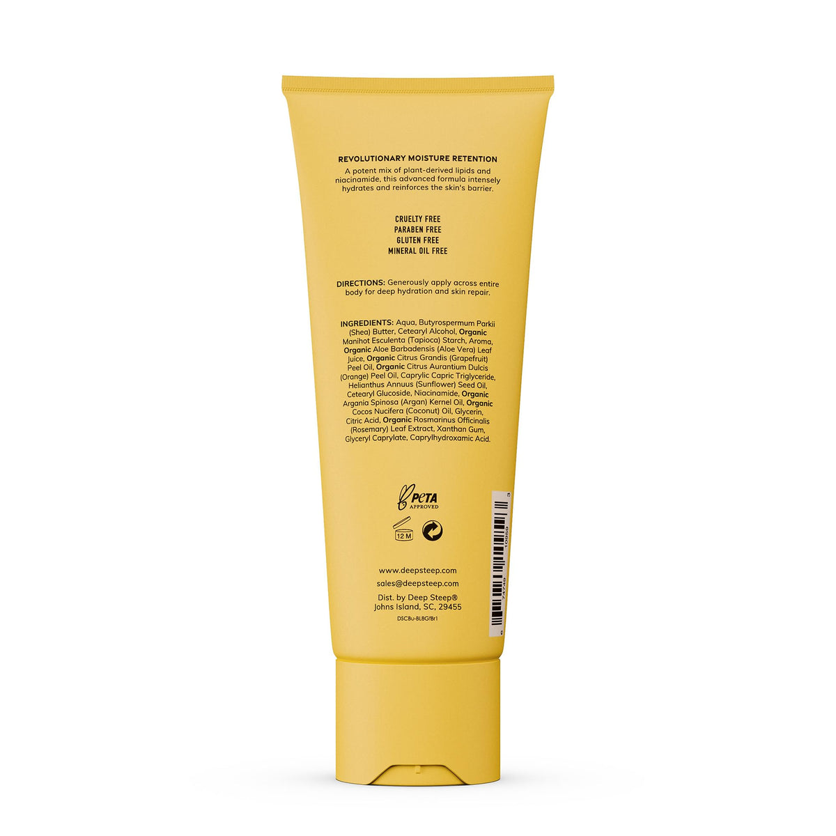 Deep Steep lotion label close-up showing ingredients and clean beauty claim