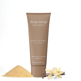 Deep Steep Brown Sugar Vanilla bottle shows daily hydration and vegan formula.