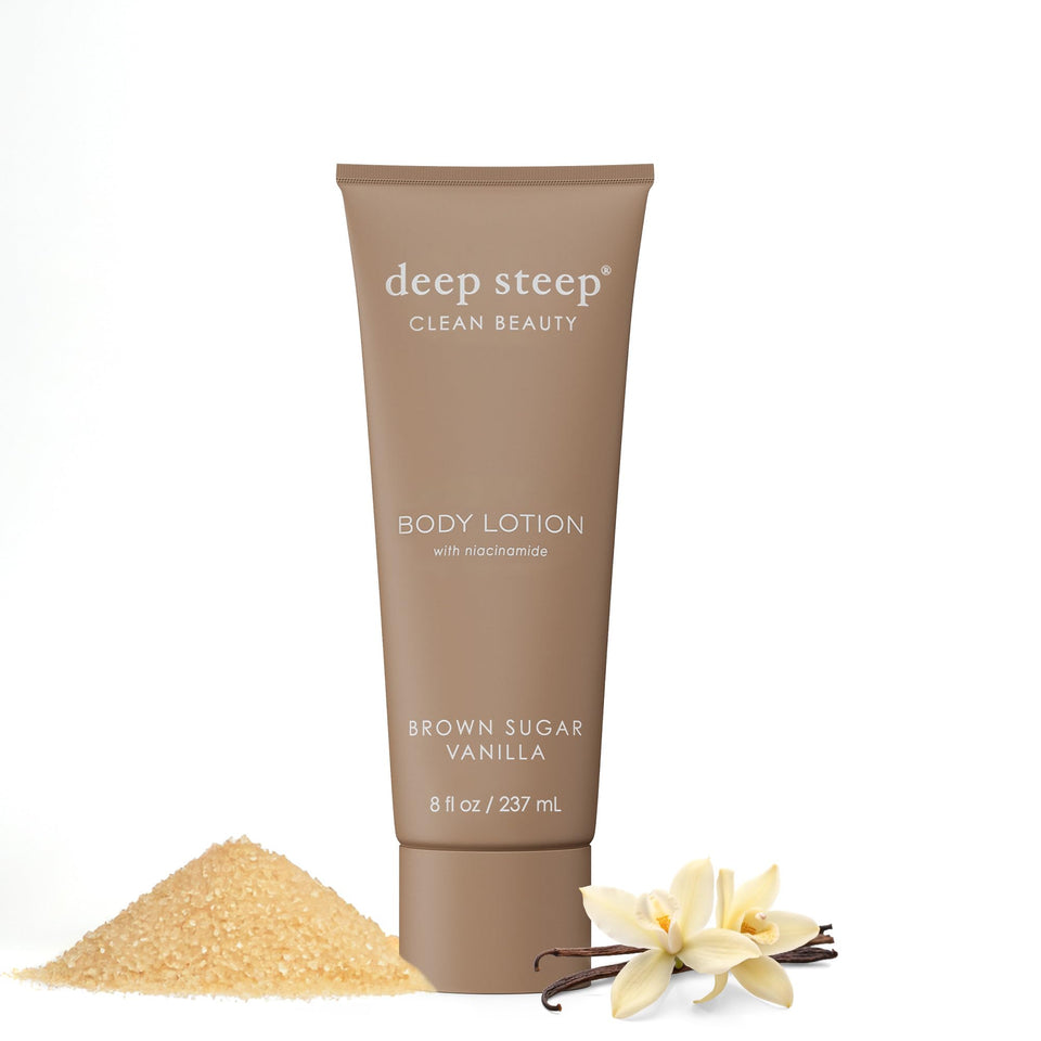 Deep Steep Brown Sugar Vanilla bottle shows daily hydration and vegan formula.