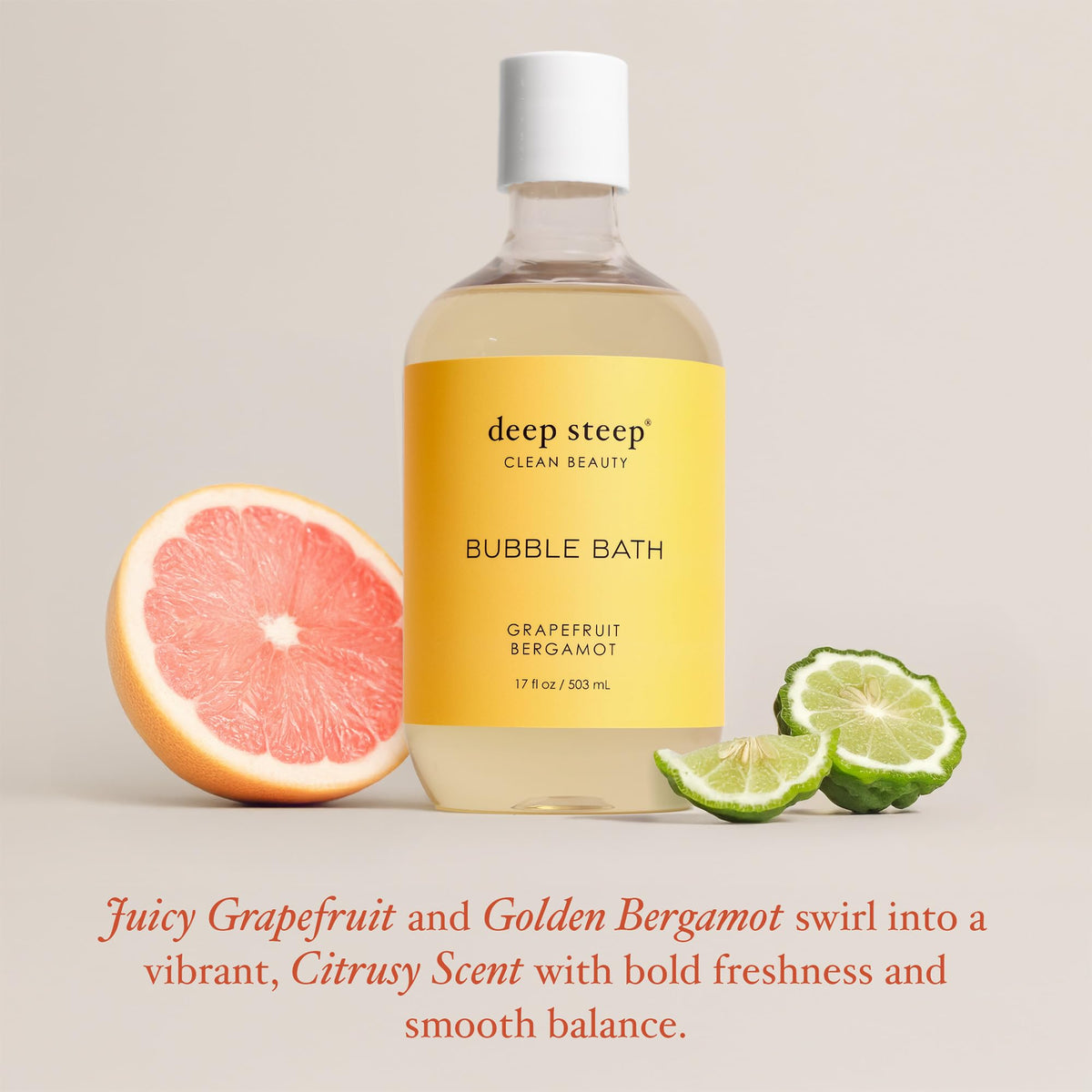 Deep Steep Bubble Bath Grapefruit Bergamot label close-up showing mild formula