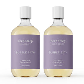 Deep Steep bubble bath Lavender Chamomile bottle close-up highlighting soothing formula for sensitive skin