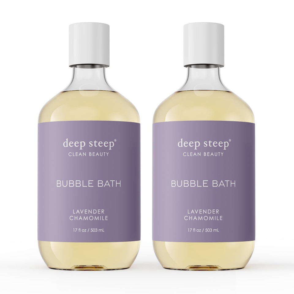 Deep Steep bubble bath Lavender Chamomile bottle close-up highlighting soothing formula for sensitive skin