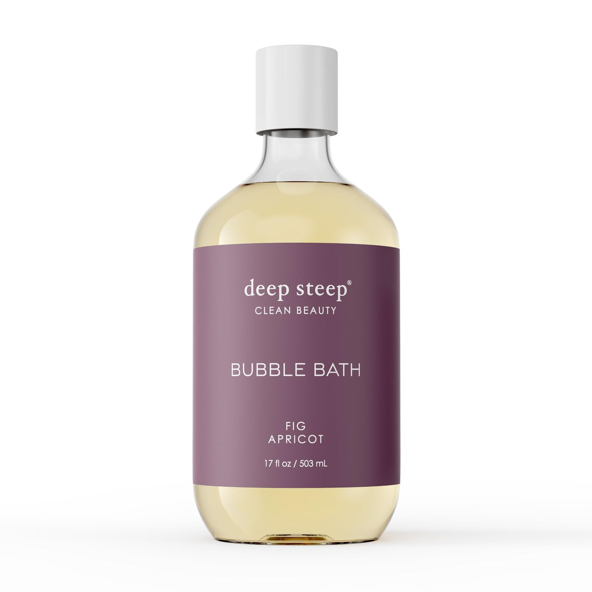 Deep Steep Fig Apricot Bubble Bath label on bottle highlighting gentle formula.