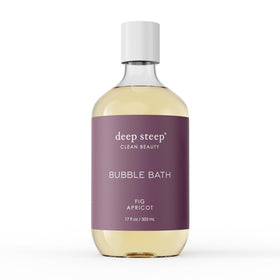 Deep Steep Fig Apricot Bubble Bath label on bottle highlighting gentle formula.