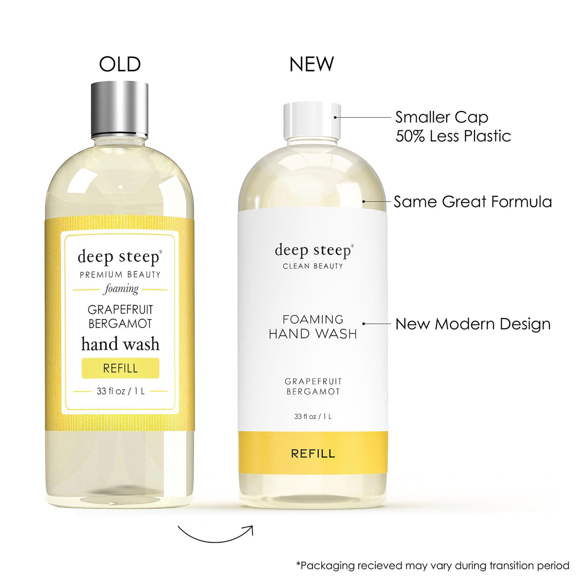 Deep Steep grapefruit bergamot bottle-back highlights ingredients and vegan formula.