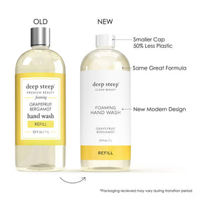 Deep Steep grapefruit bergamot bottle-back highlights ingredients and vegan formula.