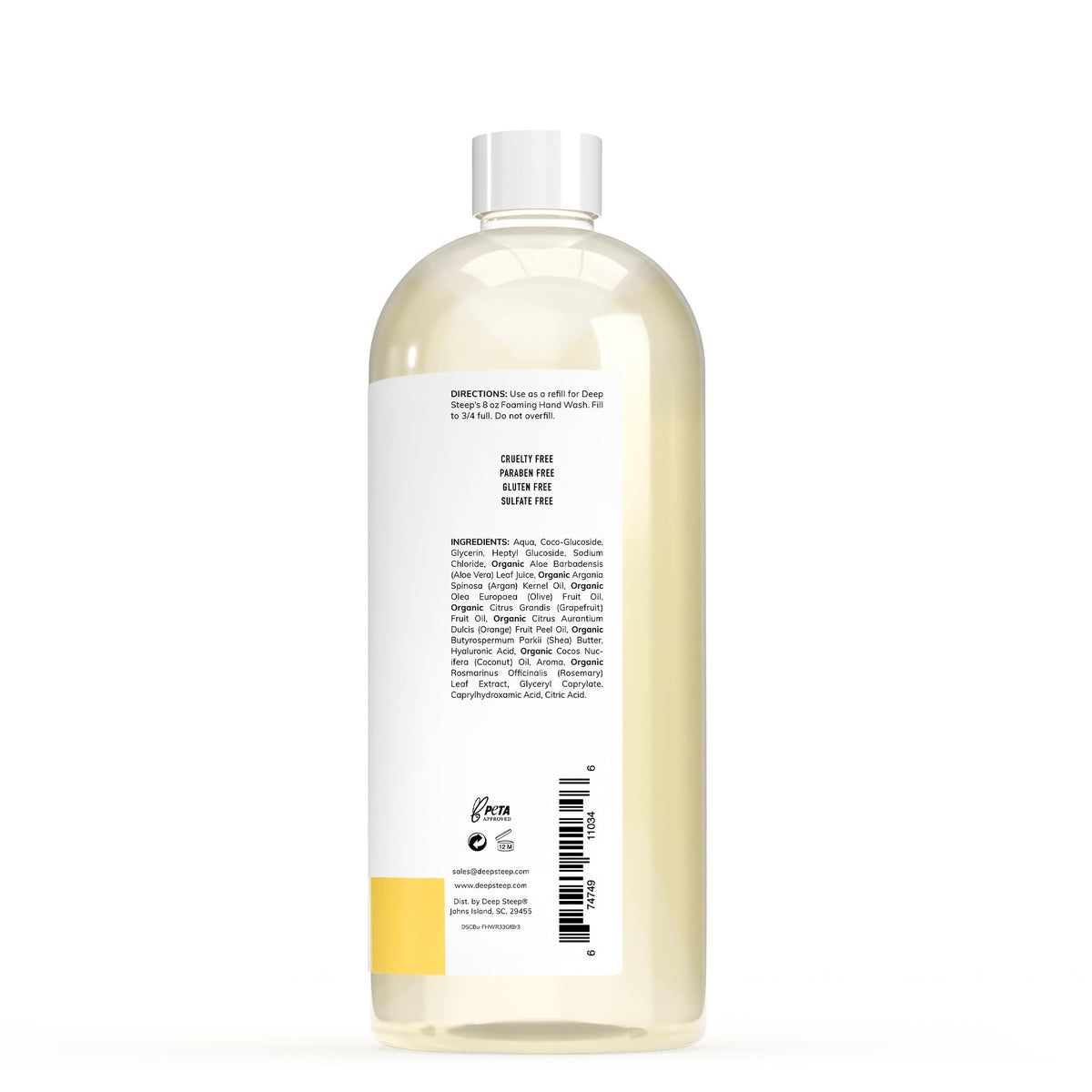 Deep Steep foaming wash grapefruit bergamot bottle-front shows the elegant scent and pump.